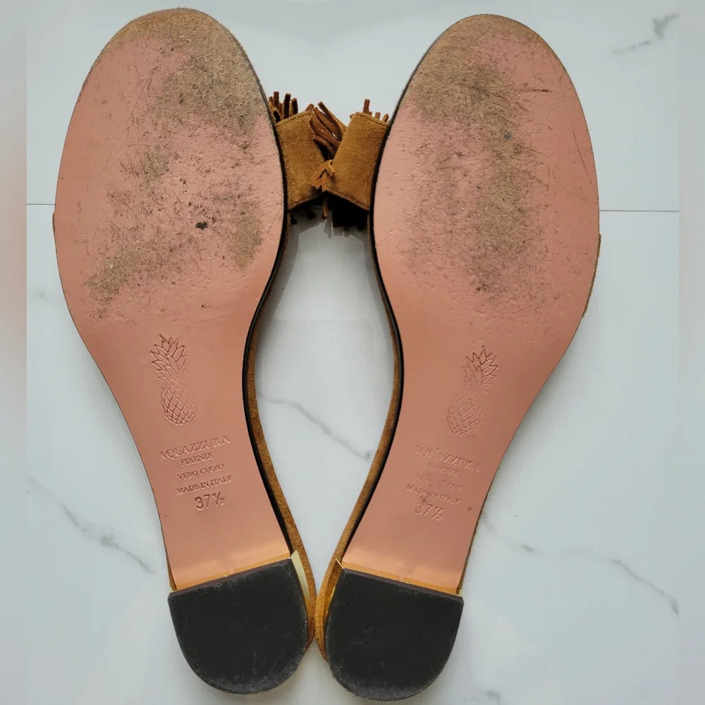 Aquazzura Italy Wild Thing Suede Flats Luxury Slide Sandals Brown EU 37